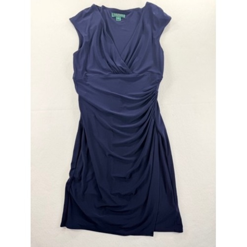 Lauren Ralph Lauren Navy Faux Wrap Ruched Dress Size 12